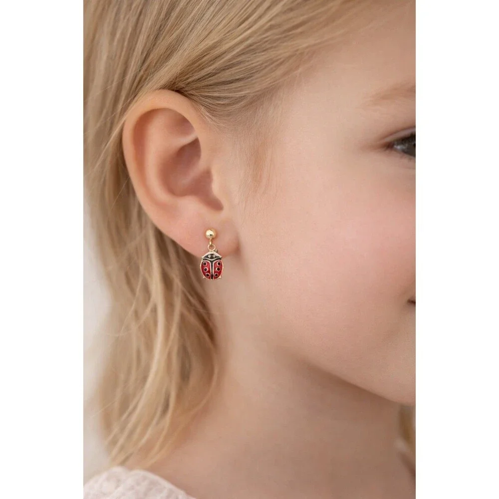 RA Adriel Ladybug Drop Earrings Gold Red Enamel Cute Kids Jewelry Gift